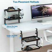 Clamp On Desk Organizer - Adjustable 2 - Tier Above Or Under Desk Shelves With Large Capacity Tray, Phone Tablet Holder, Headphone Hook - No Drilling Desktop Storage Office Home Accessories - 最初的 - 查看 4