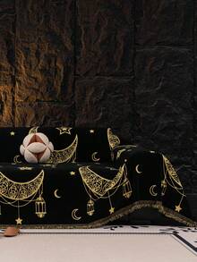 1pc Bohemian Style Sofa Throw Blanket, Star & Moon Pattern Ramadan Holiday Decor Sofa Cover, Pet Proof Sofa Protector, Machine Washable Home Decor For L-Shaped Sectional, Loveseat, Couch (Sold Separately), Holiday Decoration - Black - View 6
