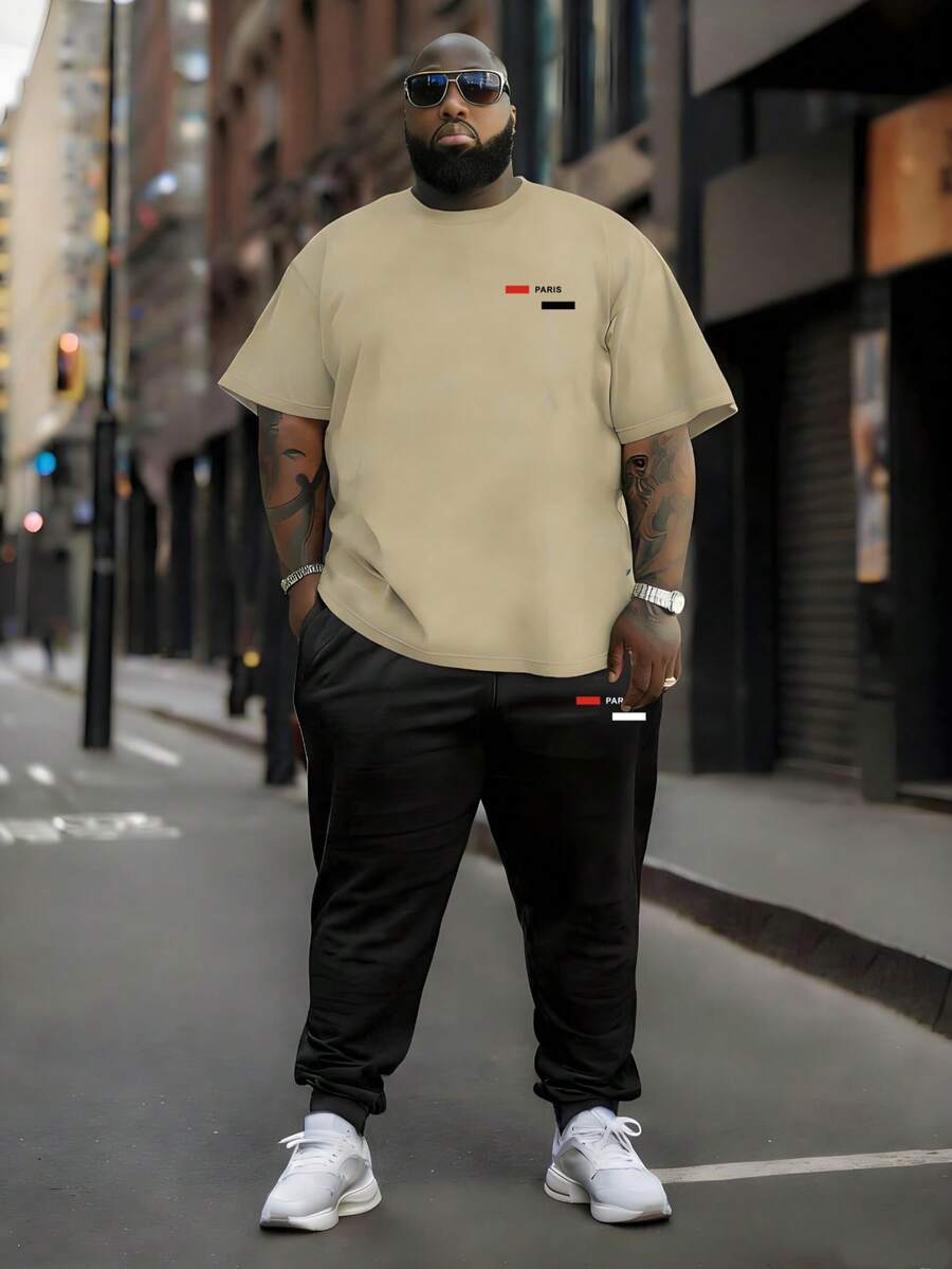 2件套加大码男士休闲巴黎英文印花短袖T恤和裤子套装，适合日常穿着