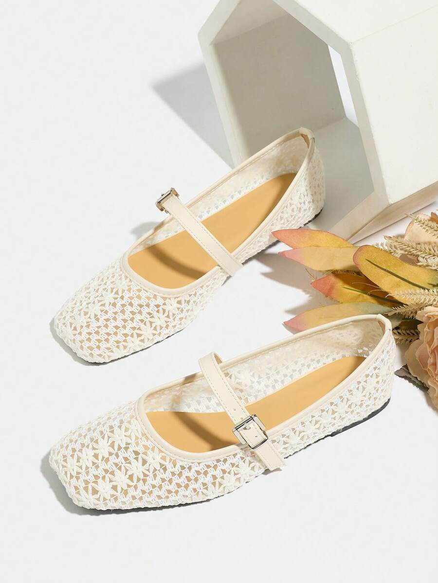Plus Size Women's Fashion Hollow Knit Embroidered Brown & White Flat Square Toe Mesh Low Vamp Spring/Summer Ballet Shoes, Casual Comfortable Strap Mary Jane Shoes