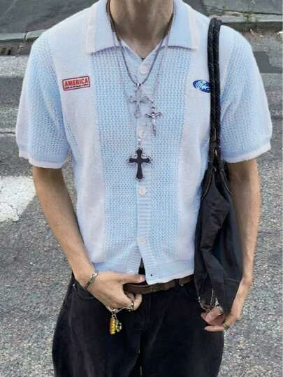 ANDREILEE 春夏新款男女粗条纹休闲镂空 Polo 领开衫短袖上衣