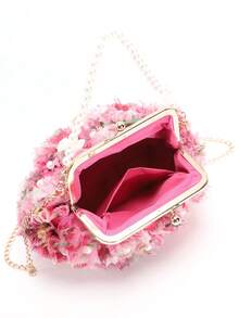 2026春夏白色浪漫婚礼季粉色手工3D彩色蕾丝贴花手拿包，珍珠装饰，奢华女士正式礼服派对新娘手提包，适用于婚礼、宴会（花朵位置可能有所不同，并非质量问题，请谨慎购买） - 粉色 - 查看 10