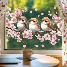 1/2pcs Peach Blossom & Bird Window Stickers, Removable Waterproof Static Cling Decals For Living Room, Bedroom, Kitchen, Bathroom Glass Windows Decoration, Spring Decor - multicolor - View 5