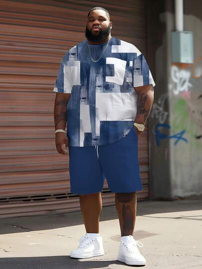Set de 2 piezas Talla grande Hombre Camiseta de manga corta con textura de graffiti urbano en contraste de color azul y blanco + Pantalones cortos, Conjunto de talla grande para uso casual en verano