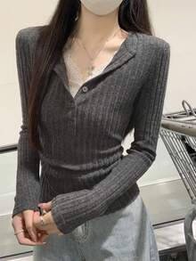 Lace Trim Button 2 In 1 Fitted Brushed T-Shirt Top - Grey - View 6