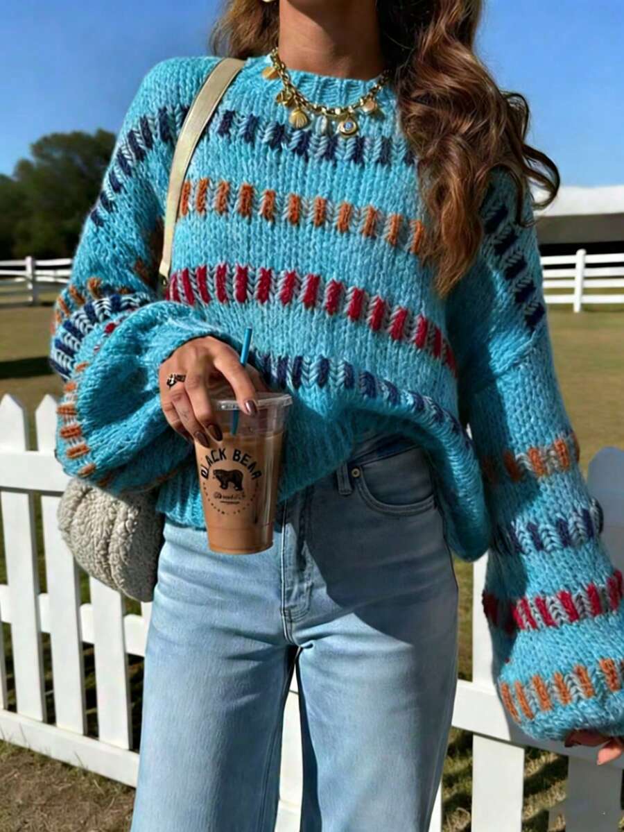 Colorful Patterned Pullover - Cozy Oversized Knit Sweater For Women,Bohemian Striped Loose Sweater - Stylish Oversized Long Sleeve Top,Oversized Striped Sweater - Relaxed Fit Colorful Knit Pullover,Boho Sweater/ Retro Striped Top/ Vintage Knit Pullover,Y2K Knitwear/ Aesthetic Sweater/Colorblock Top,Fall Casual Sweater/Winter Cozy Top/ Everyday Wear Knit - 藍色 - 查看 1