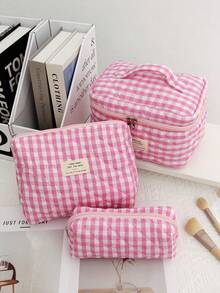 Quilted Cosmetic Bag Set, Stylish Travel Toiletry Bag, Cute Small Pouch, Kawaii Cosmetic Bag, Travel Plaid Cosmetic Organizer Bag With Zipper Pocket, Plaid Style Cosmetic Bag , Travel Makeup Bag, Large Capacity Pencil Case, Makeup Brush Holder, Holiday Travel Toiletry Bag, Bathroom Accessories, Wedding Gift - Pink - View 12