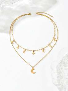 1 chiếc vòng cổ hai lớp tua rua hình ngôi sao và trăng non Ramadan, trang sức thời trang và thanh lịch dành cho nữ, phù hợp để đeo hàng ngày, dự tiệc và làm quà tặng. - Vàng - Xem 4
