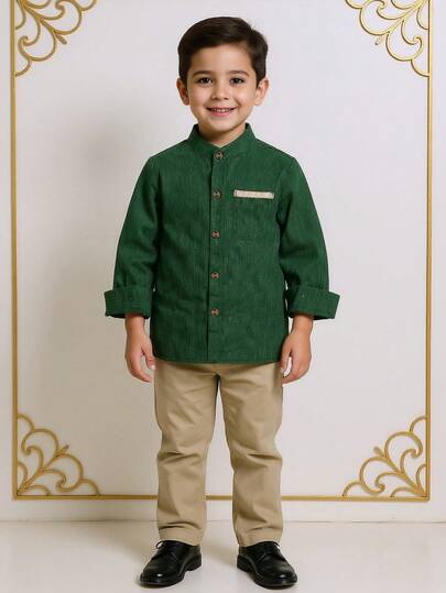 Young Boys' Green Long Sleeve Button-Front Collared Shirt, Gentleman Style, Suitable For Events, Parties, And Banquets