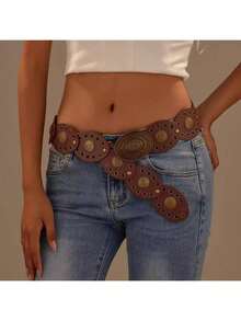 Retro Rivet Round Buckle Belt, Bohemian Fashion Grommet Waist Band, Versatile