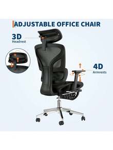Silla de oficina ergonómica con respaldo de malla transpirable, soporte de espalda alta y reposapiés, silla de escritorio de oficina con reposabrazos ajustables en 3D y ruedas rodantes lisas, silla de escritorio cómoda para el trabajo, el estudio o los juegos - Negro - Ver 2