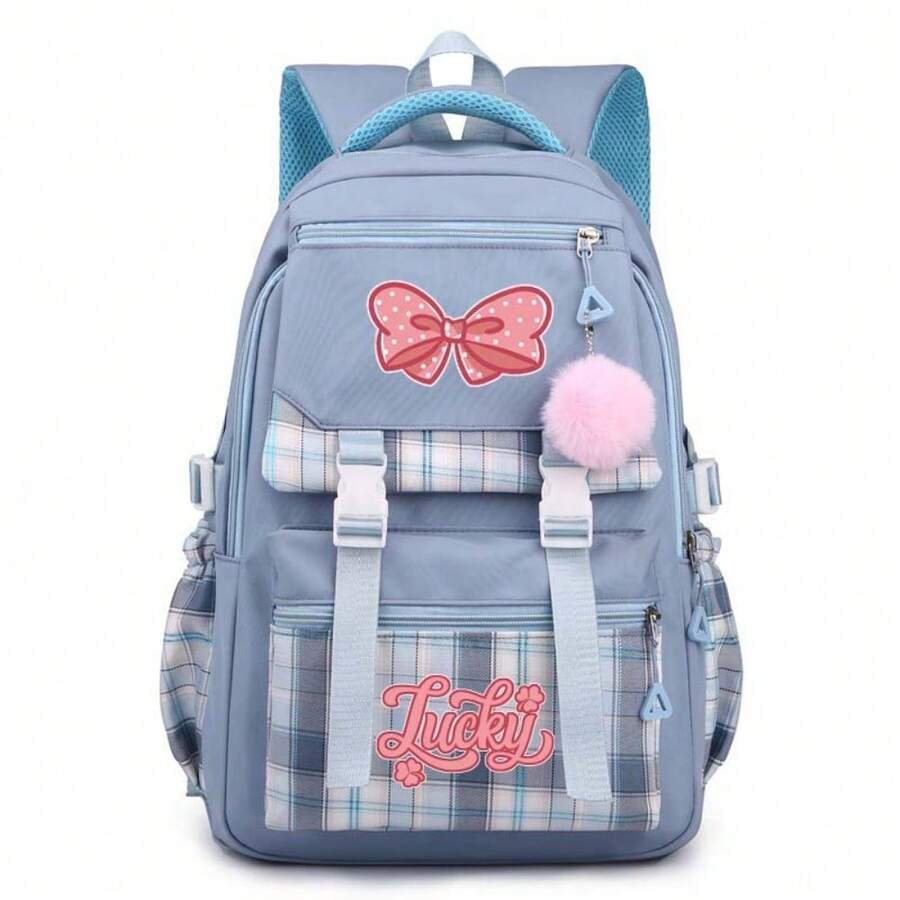 Pink Bow Cartoon Print Backpack, Lightweight Nylon Material, Spacious College Style Design, Polyester Lining, Zipper Closure, Washable, Suitable For Daily Commute And School, Back To School Essential, Stationery Supplies, Backpack, Perfect Valentine's Day Gift - Multicolor - View 1