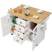 Kitchen Island, Kitchen Cabinet, Sideboard, 120x73(45)X93cm, Extendable Kitchen Trolley With Wheels, Towel Rail, Spice Rack, Adjustable Shelves, Two Doors, Four Drawers, White/Black - White - View 6