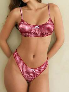 Womens Gingham Ruffle Swimsuit, Textured Waffle-Knit One Piece Swimwear, Retro Style Pool And Beach Holiday Bathing Suit - Red - View 3