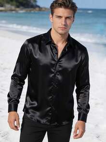 Men's Black Long Sleeve Casual Shirt, Outdoor Minimalist Fashion Shirt, Jacket - Black - View 1