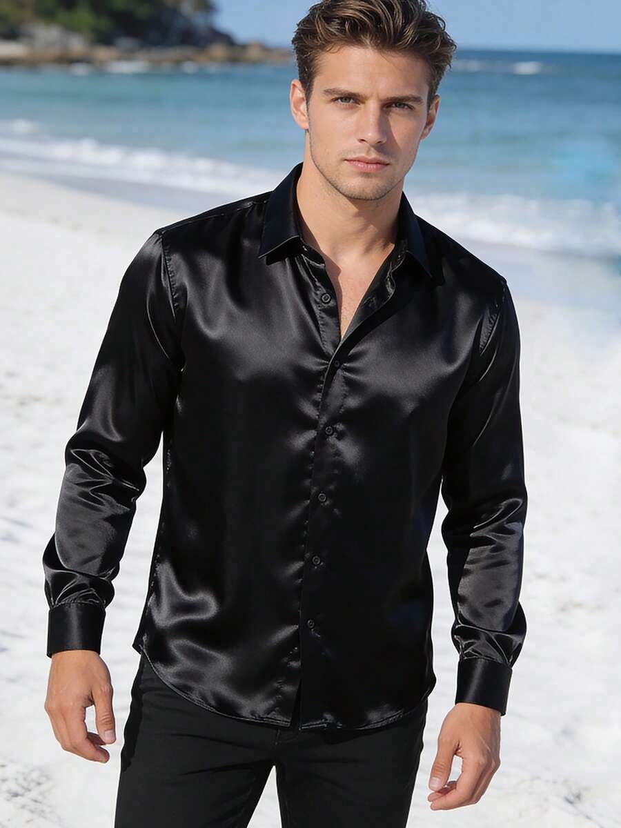 Men's Black Long Sleeve Casual Shirt, Outdoor Minimalist Fashion Shirt, Jacket - Black - View 1