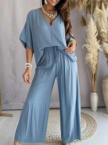 New Women's Fashionable Batwing Sleeve Set Is Suitable Work, Date, Commuting, Party, And Daily Casual Wear. It Offers Comfortable Clothing, - 藍色 - 查看 2