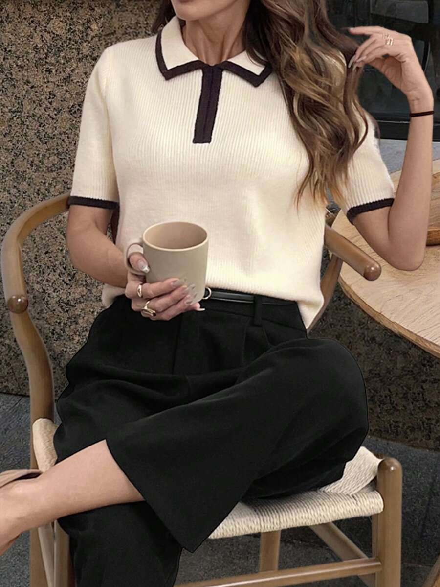 Women's Elastic Short Sleeve Knit Polo Shirt, Ribbed Knit, Regular Length, Spring/Summer - Apricot - View 1