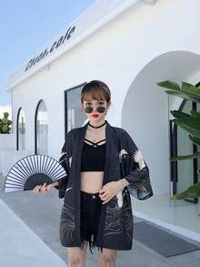 Áo khoác kimono dáng rộng in hình chim hạc kiểu Nhật cổ điển, nhẹ nhàng, đa năng, thích hợp mặc mùa xuân/hè. - màu đen - Xem 4