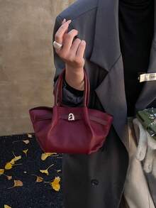 Fashionable & Popular PU Pebble Texture Handbag, Unique European & American Design, Buckle Closure Bucket Bag For Women, Suitable For Street, Commute, Party, Gift-Giving, Autumn/Winter - Burgundy - View 6