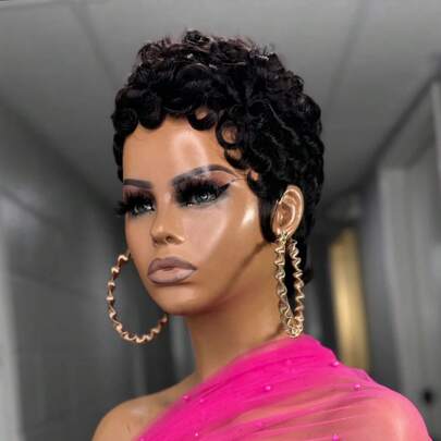 女士精灵短假发，真人发卷发，黑色/棕色/99J酒红色可选，层次分明，带刘海，无胶无蕾丝前额，全机织分层假发，方便佩戴，适合日常使用。