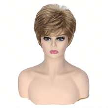 Unisex Adult Basic Pixie Cut Synthetic Wig - Natural Wavy Style With Bangs, Straight Hair, High Temperature Fiber, Rose Net Cap - Gold - View 5