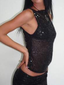 Women's Sequin Tank Tops Slim Fit Sheer Knitted See Through Tops Crew Neck Sparkly Camisole Vest Glitter Crop Tank Stylish Solid Color Casual Sleeveless Vest Y2K Teen Girl Going Out Mesh Party Shirt Streetwear Rave Outfits Suitable For Birthday/Dating/Daily Shopping/Concert/Brunch/Airport Outfit Valentine Clothes - màu đen - Xem 3