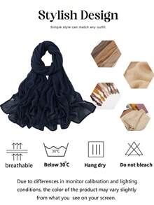 1件装女士纯色粘胶纤维头巾，日常头巾，柔软宽边头巾，多功能防晒围巾，适合日常穿着。 - 藏青色 - 查看 9