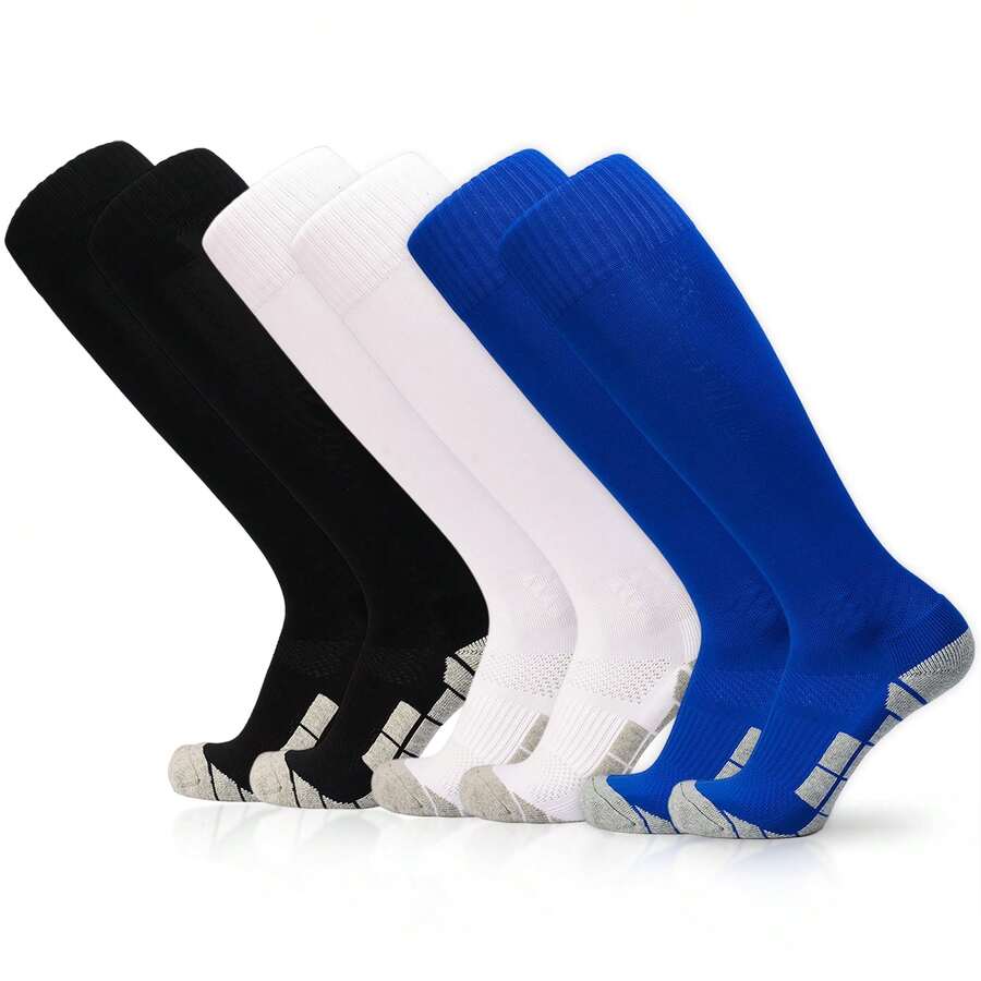 "ELUTONG Soccer Socks For Youth Kids Adult 3 Pairs Knee High Football Athletic Sports Socks " - 黑,白,藍 - 查看 1