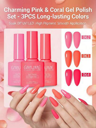 3pcs Neon Summer Gel Nail Polish Set - Hot Pink, Bright Coral Orange & Bubblegum Colors, Soak Off UV/LED Nail Art Kit For Party (7.5ml/Bottle) Nails