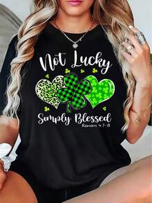 Not Lucky Simply  St Patrick's Day Shirt With Hearts And Clover Design For Women Religious Christian T-Shirt Roman 47 8 Print Top220g - 黑色 - 查看 4