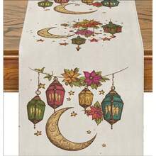 1 PIEZA Tapete de mesa Ramadán Mubarak - Fondo blanco con patrón de luna y estrella doradas, mantel rectangular de poliéster, adecuado para cenas de Iftar, decoración de cocina y comedor, hecho de poliéster, fácil de limpiar. - Multicolor - Ver 6