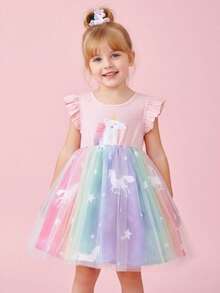 Young Girl's Colorful Unicorn Printed Mesh Dress With Ruffle Hem For Summer