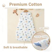 1件轻薄无袖婴儿睡袋，100%纯棉纱布面料，可爱热气球和海豚印花，适合新手妈妈，春夏款