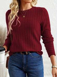 Ribbed Crew Neck-Shirt Elegant Long Sleeve Top Spring Autumn Two Seasons Autumn Winter Knitted Ribbed Base Shirt Solid Color Crew Neck Elastic Ribbed Long Sleeve-Shirt - Burgundy - View 4