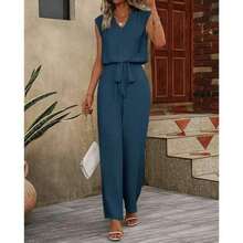 Two-Piece Set Women's Plain NotchedNeck Top & Tie Front Pants Set,Casual Sleeveless Top & ElasticWaist Trousers Summer, LadiesClothes Daily Wear, Womenswear - Màu xanh lam - Xem 7