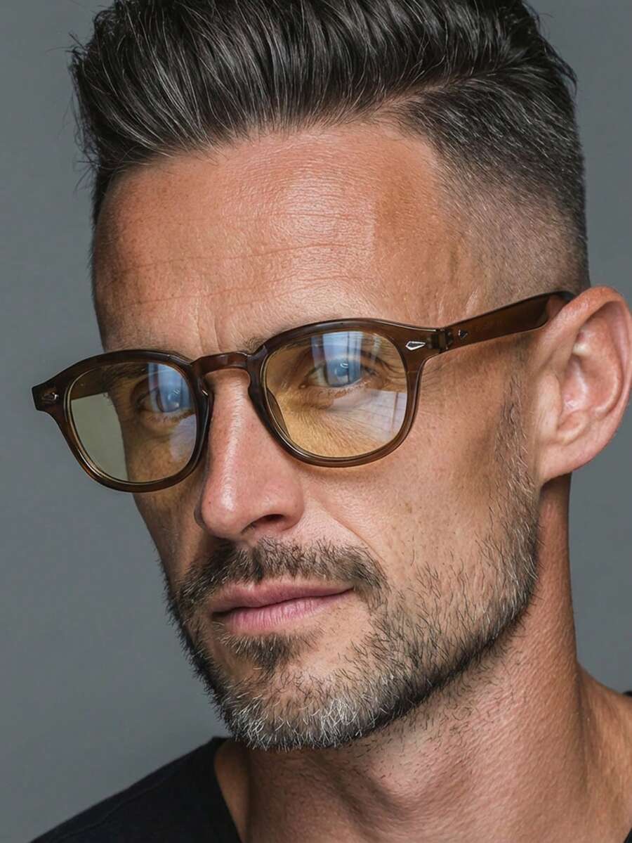 1副男士橄榄绿圆形PC镜框简约素面铆钉休闲街头风时尚眼镜 - 橄欖綠 - 查看 1