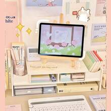 1pc White Multifunctional Computer Monitor Riser Stand, Desk Organizer Drawer Storage Raised Platform, Office Desktop Display Holder - White - View 6