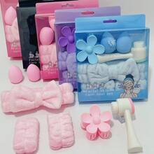 7件套海绵SPA头带和发夹套装，包括发夹、洁面刷、化妆头带、洗脸头带和清洁按摩工具套装。女士发饰发带 - 彩色 - 查看 1