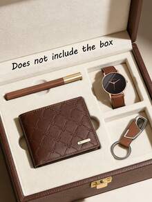 Set de 4 en 1: Reloj de cuarzo minimalista de esfera marrón para hombre, billetera de lujo, bolígrafo y llavero, adecuado para fiestas, viajes, uso en la oficina y días festivos como Acción de Gracias, Carnaval, Vuelta al cole, San Valentín, Año Nuevo 2026 - Mejor regalo para hombres/padres - Multicolor - Ver 2