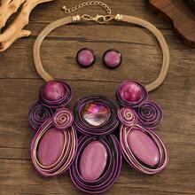 Exaggerated Multi-Layer Handmade Heavy Aluminum Wire Woven Resin Chain Bohemian European And American Middle Eastern European Korean Version Evening Party Holiday Women's Fashion Beautiful Retro Teardrop Necklace Earrings - Purple - View 4