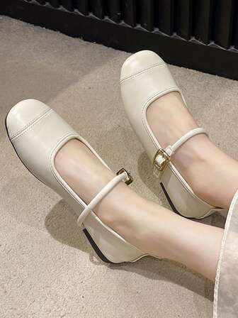 Zapatos planos de punta cuadrada para mujer, zapatos de estilo Mary Jane vintage de cuero, zapatos casuales elegantes de estilo francés cómodos para ir al trabajo, zapatos de ballet con decoración de hebilla de metal