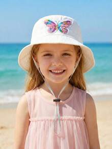 1顶女童亮片蝴蝶渔夫帽，可调节，时尚防晒帽，适合春夏佩戴 - 白色 - 查看 10