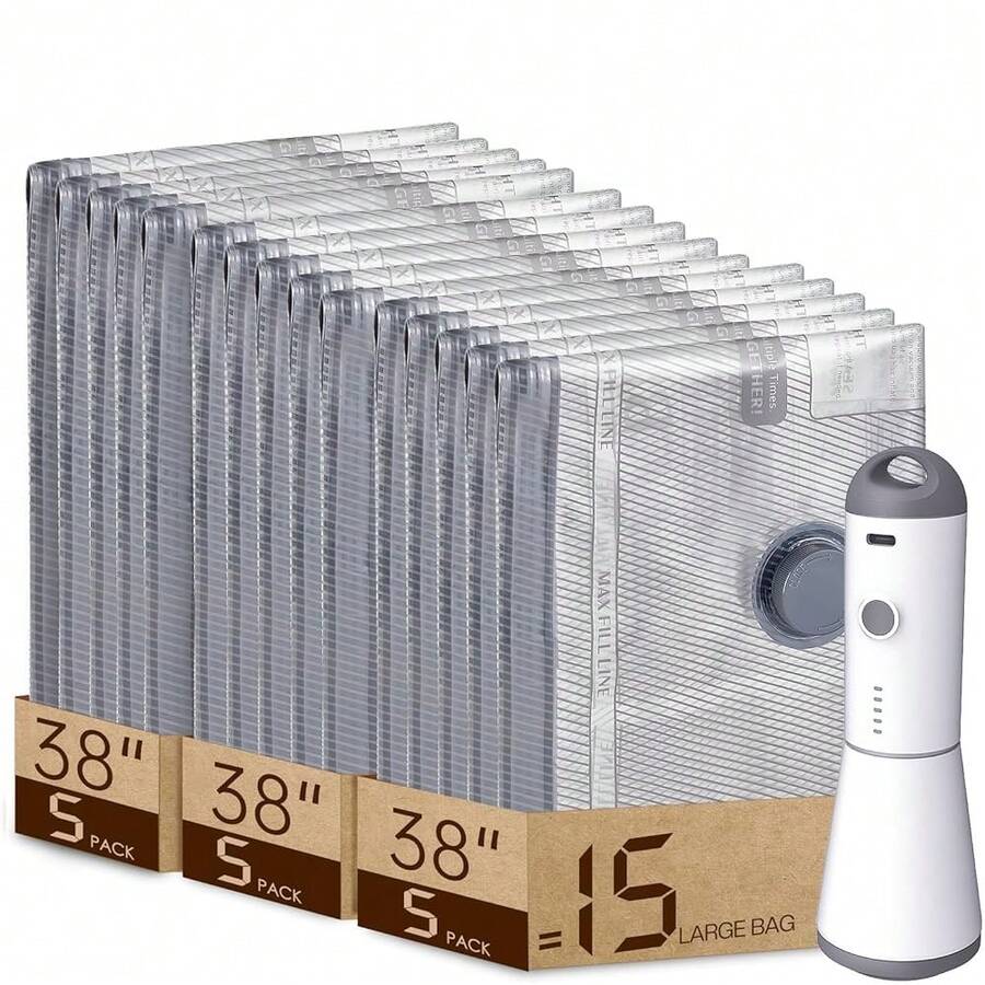 15 Packs Rechargeable Pump Vacuum Bags For Travel PacFKing, Large Size Vacuum Seal Bags For Luggage And Suitcase Compression, Space Saver For Bedding And Clothing Organization - 15大號 - 查看 1