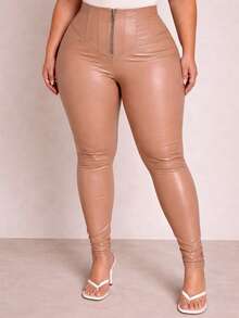 High-Waisted Leggings In Polyamide Cirre  With A Butt-Lifting Design, Front Zipper, And A Soft Front Zipper. - Champán - Ver 1