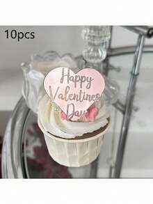 5pcs/10pcs/20pcs Heart Shaped Acrylic "Happy Valentine's Day" Cupcake Toppers, Suitable For Valentine's Day Party DIY Cake & Dessert Decorations