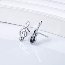 925 Sterling Silver Creative Music Guitar Earrings For Women, Asymmetric Design With Zirconia Music Note Earrings, Suitable For Daily Wear, Party, Gift For Family And Friends, Birthday, Holiday - Gift Box - Silver - View 6