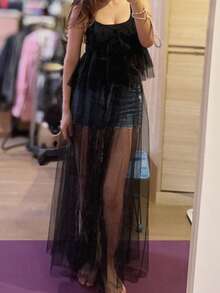 1 件透明混合网眼素色半身裙，女士 2025 年夏季新款休闲 A 字裙秋季女装