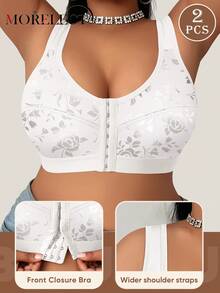 Morelect 2pcs/Set Plus Size Women Wireless Floral Print Front Closure Bras, Comfortable & Supportive For Daily Wear - Multicolor - View 5