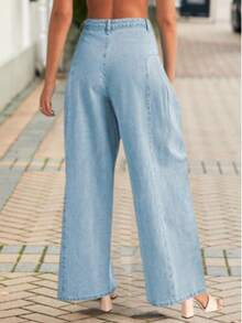 Women's Outdoor Loose-Fitting High-Waisted Wide-Leg Pants, Loose Boyfriend Style Wide-Leg Pants With Side Pleats. - Màu xanh lam - Xem 2